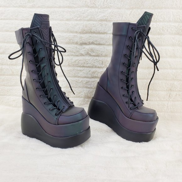 Void Purple Green Reflective Platform Wedge Mid Calf Goth Festival Boots NEW - Picture 15 of 17